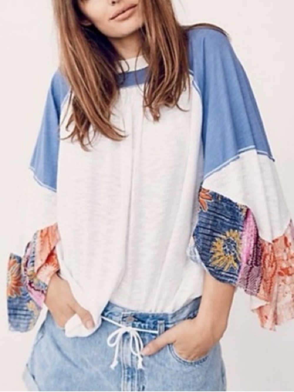 Free People Friday Fever Top Textured White Bodice Colorful Patchwork Dolman